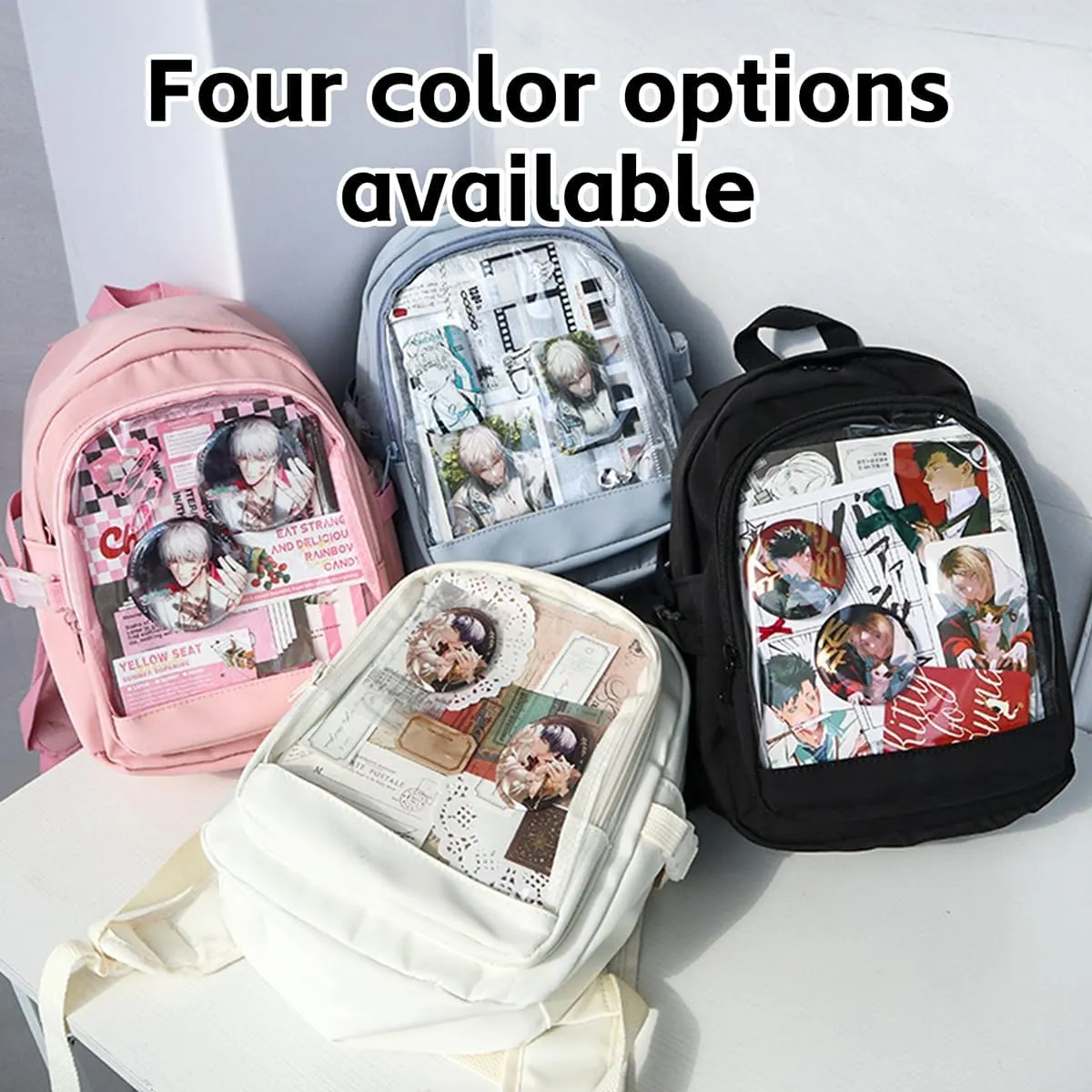 Ita Mini Backpack with Pin Display Insert & Cute Pins - Kawaii Japanese Anime Bag for School Teens Girls (White)