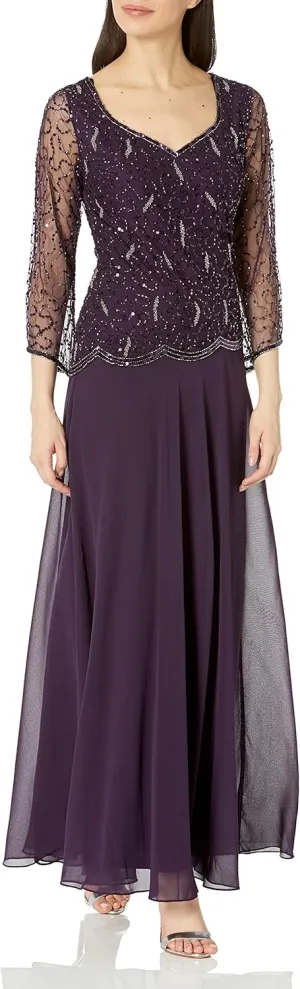 J Kara Women's 3/4 Sleeve Mock 2 Piece Asymetrical Scallop Beaded Long Dress