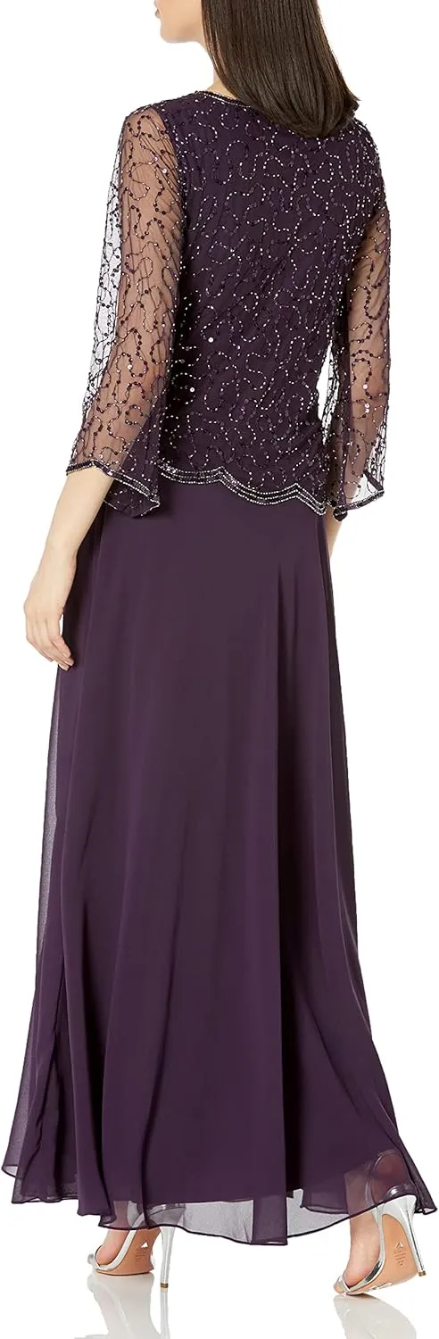 J Kara Women's 3/4 Sleeve Mock 2 Piece Asymetrical Scallop Beaded Long Dress