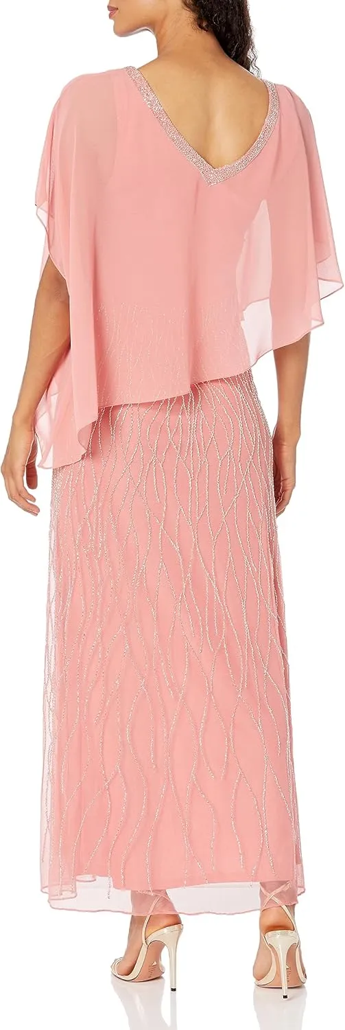 J Kara Women's Beaded Bottom V-Neck Sheer Capelet Gown