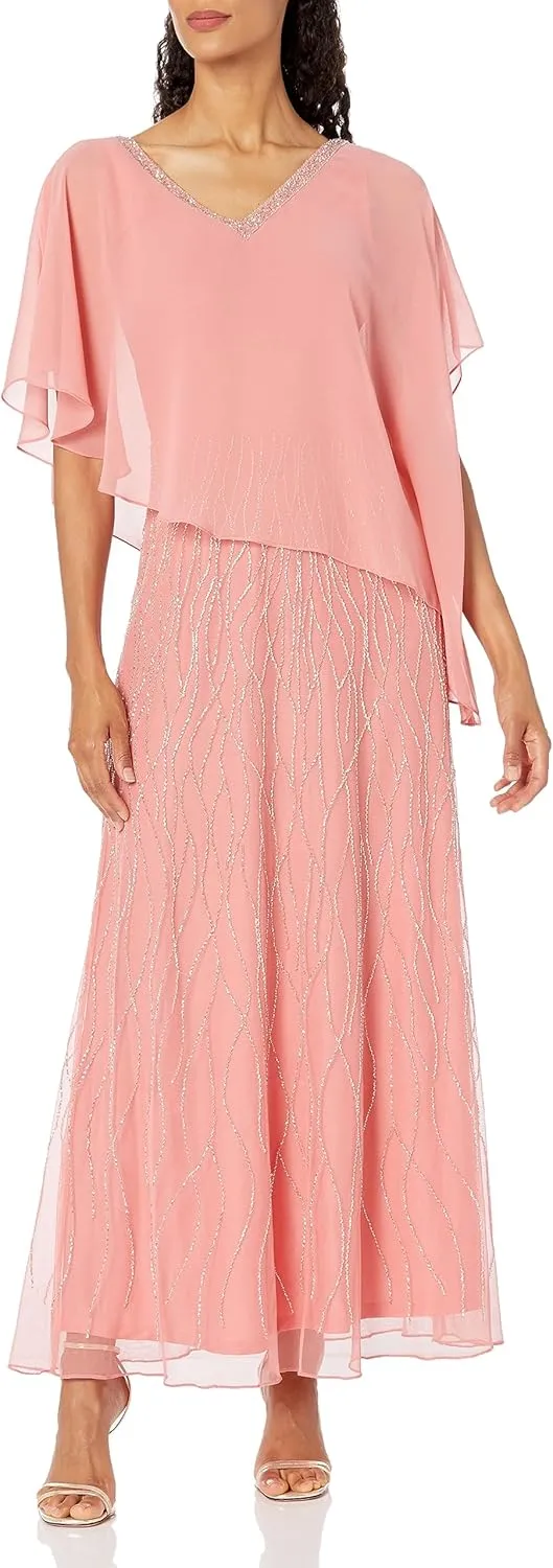 J Kara Women's Beaded Bottom V-Neck Sheer Capelet Gown