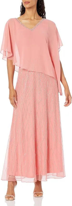J Kara Women's Beaded Bottom V-Neck Sheer Capelet Gown