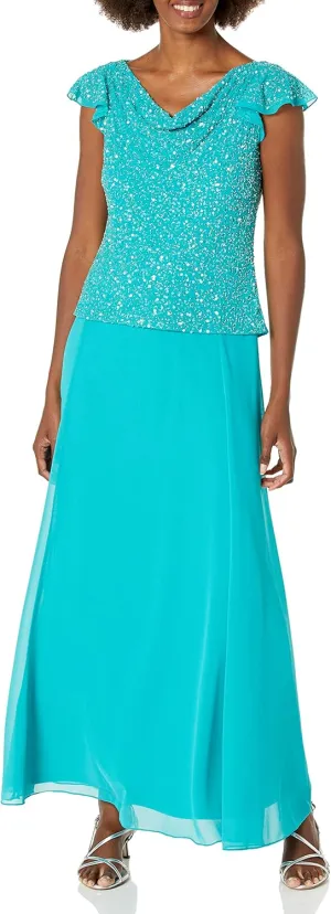 J Kara Women's Beaded Cowl Neck Flutter Sleeve Long Dress