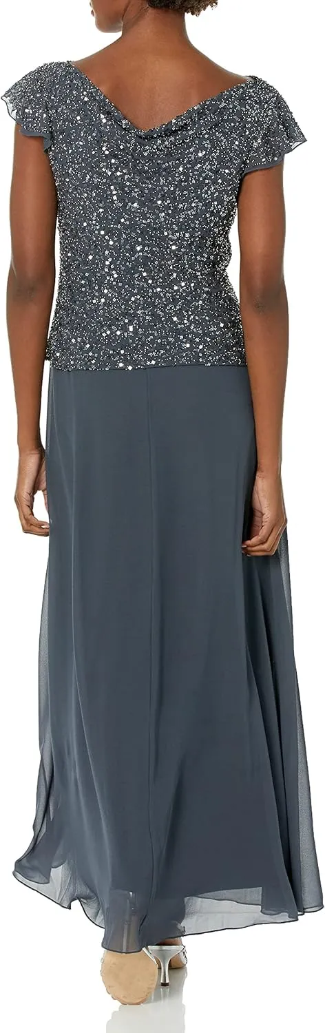 J Kara Women's Beaded Cowl Neck Flutter Sleeve Long Dress