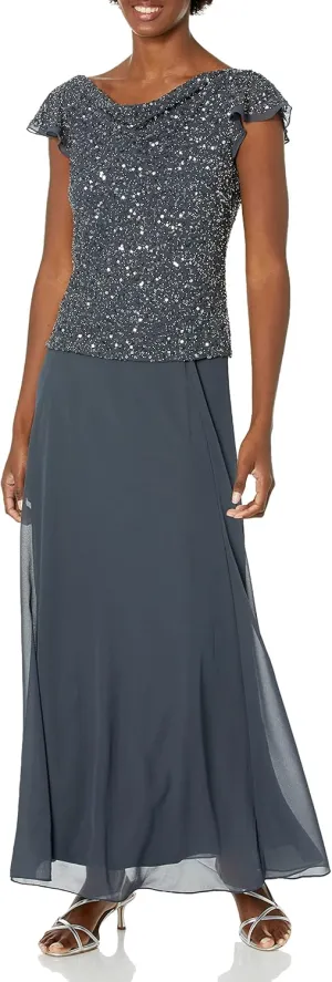 J Kara Women's Beaded Cowl Neck Flutter Sleeve Long Dress