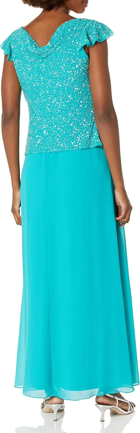 J Kara Women's Beaded Cowl Neck Flutter Sleeve Long Dress