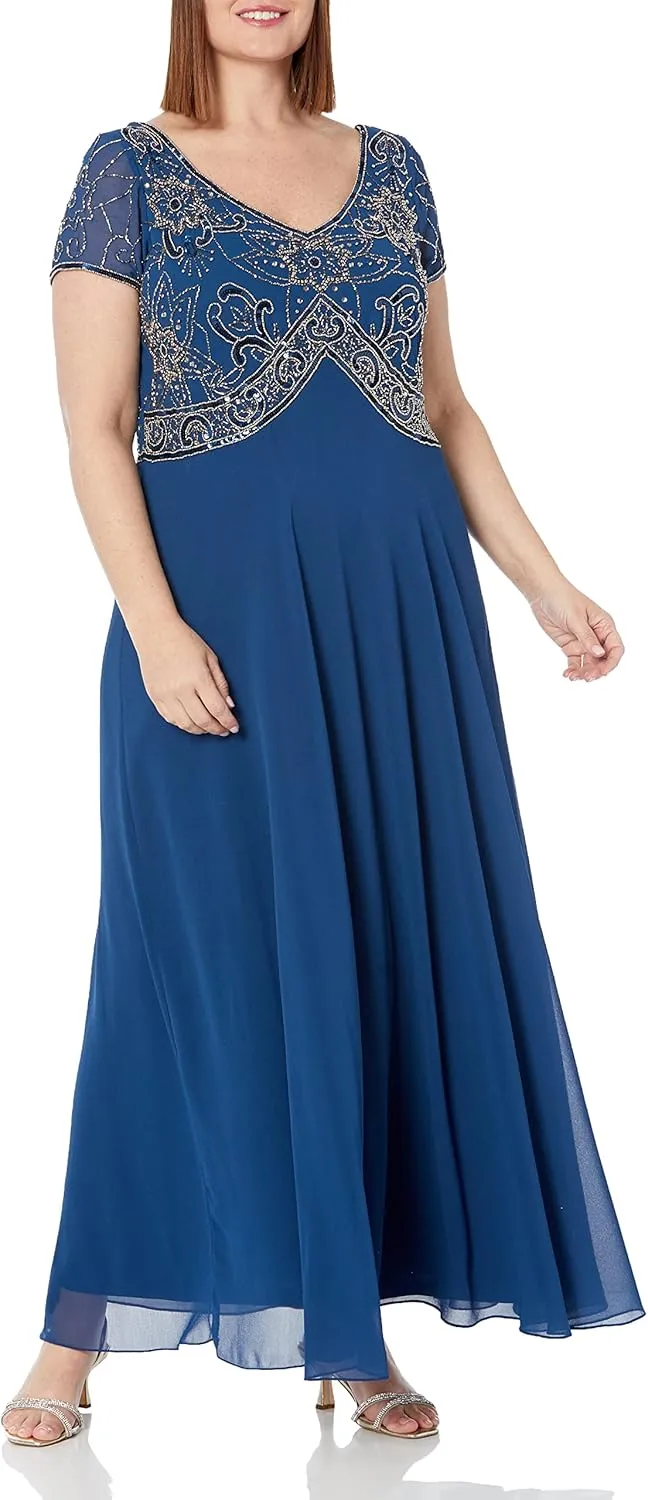 J Kara Women's Cap Sleeve V-Neck Empire Waist Beaded Dress