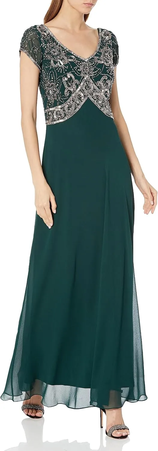 J Kara Women's Cap Sleeve V-Neck Empire Waist Beaded Dress