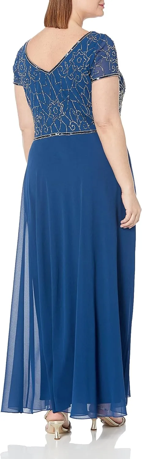 J Kara Women's Cap Sleeve V-Neck Empire Waist Beaded Dress