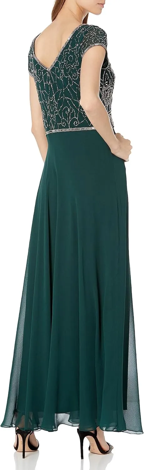 J Kara Women's Cap Sleeve V-Neck Empire Waist Beaded Dress