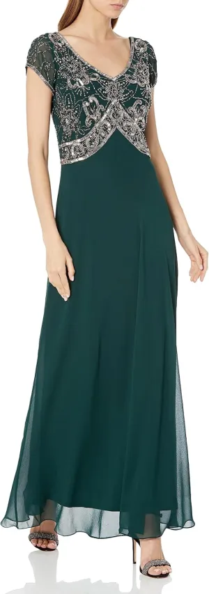 J Kara Women's Cap Sleeve V-Neck Empire Waist Beaded Dress