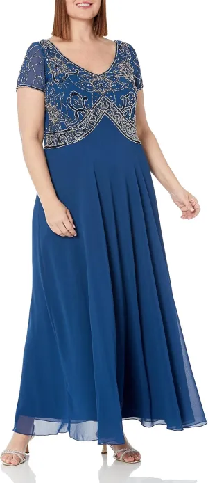 J Kara Women's Cap Sleeve V-Neck Empire Waist Beaded Dress