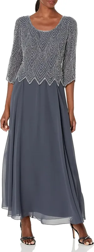 J Kara Women's Geometrical Beading 3/4 Sleeve Mock Flare Dress