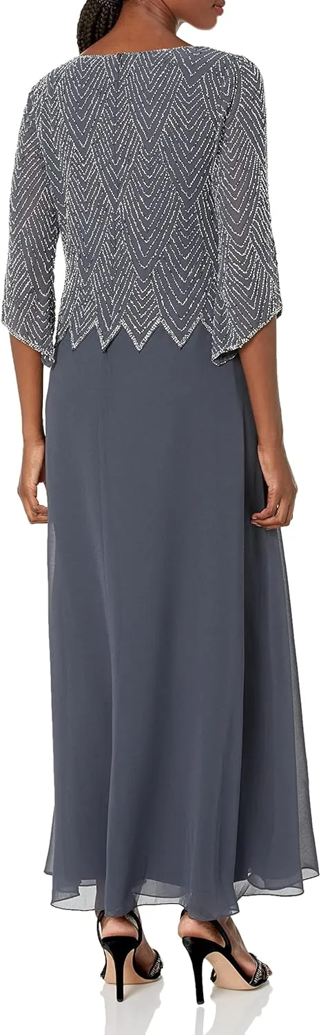 J Kara Women's Geometrical Beading 3/4 Sleeve Mock Flare Dress