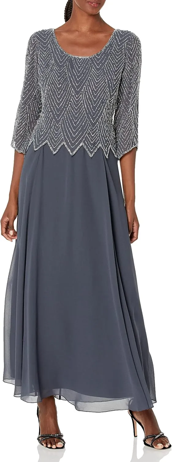 J Kara Women's Geometrical Beading 3/4 Sleeve Mock Flare Dress