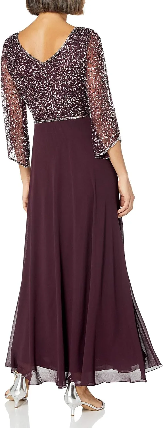 J Kara Women's Petite 3/4 Sleeve V-Neck Embellished Top Long Dress