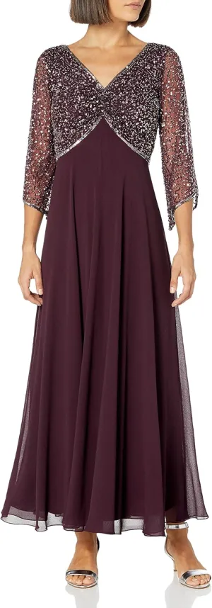 J Kara Women's Petite 3/4 Sleeve V-Neck Embellished Top Long Dress