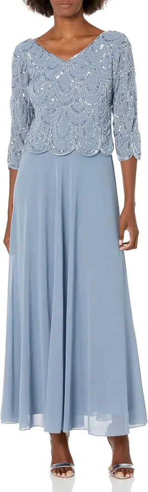 J Kara Women's Petite 3/4 Sleeve with Scallop Beaded Pop Over Gown