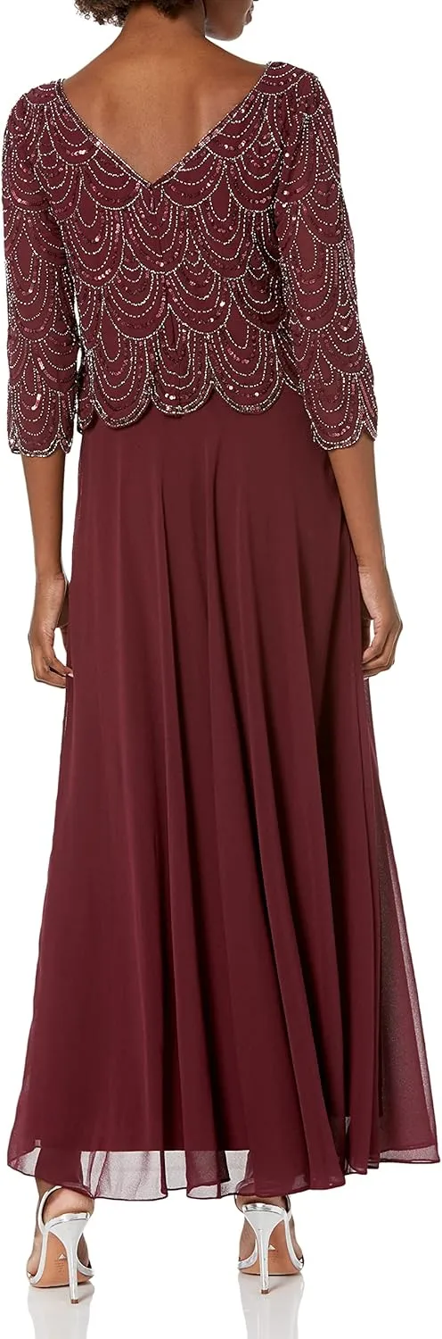 J Kara Women's Petite 3/4 Sleeve with Scallop Beaded Pop Over Gown
