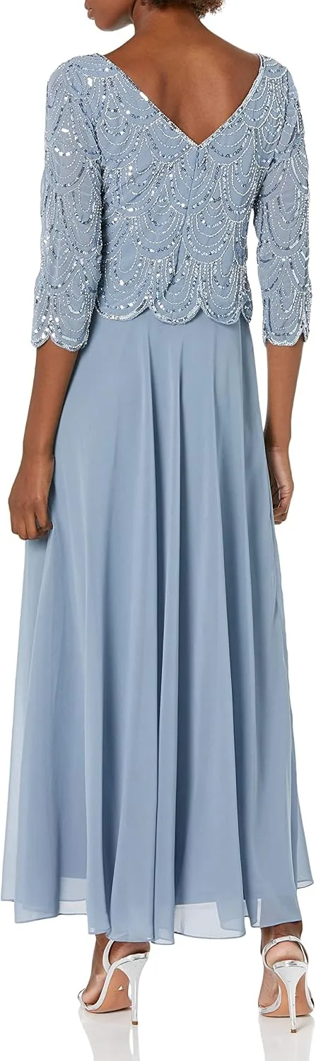 J Kara Women's Petite 3/4 Sleeve with Scallop Beaded Pop Over Gown
