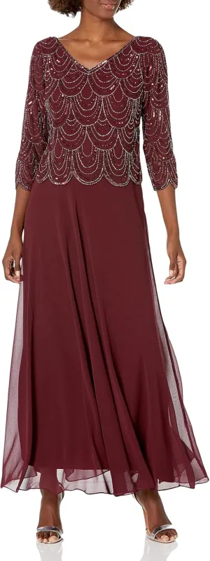 J Kara Women's Petite 3/4 Sleeve with Scallop Beaded Pop Over Gown