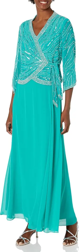 J Kara Women's Petite Long 3/4 Sleeve V-Neck Beaded Faux Wrap Dress