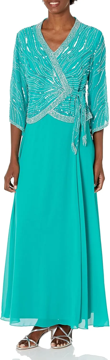 J Kara Women's Petite Long 3/4 Sleeve V-Neck Beaded Faux Wrap Dress