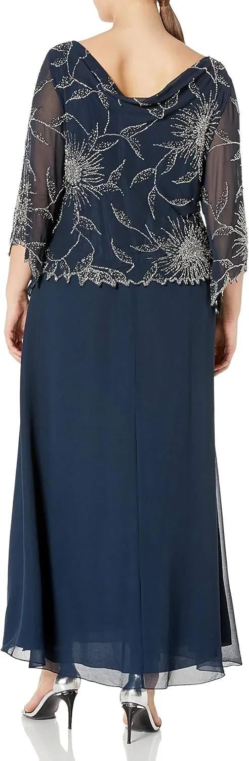 J Kara Women's Plus-Size 3/4 Cowl Neck Long Dress