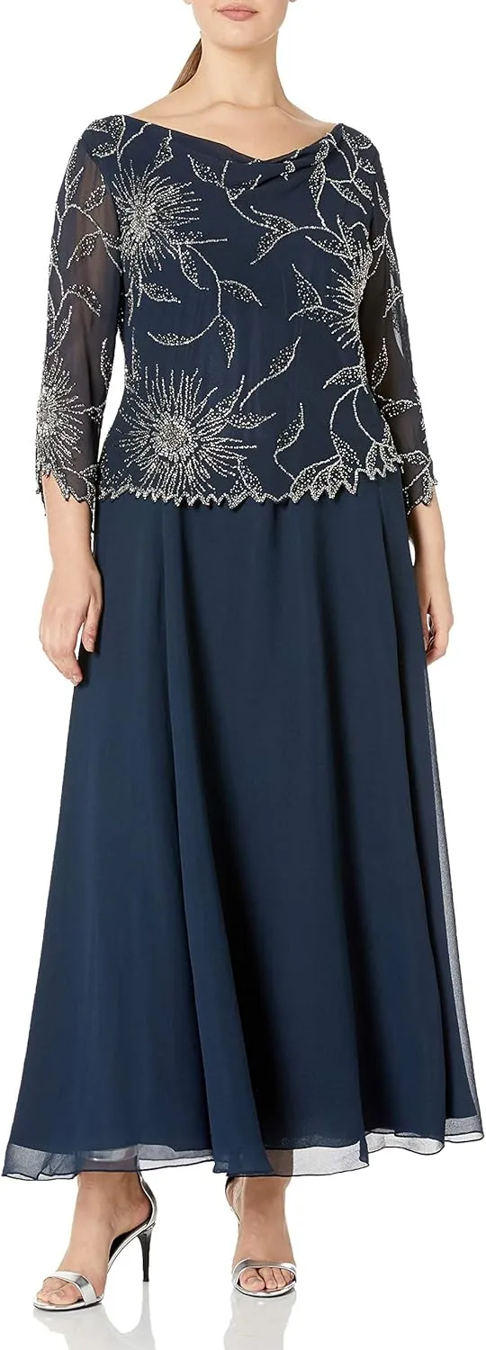 J Kara Women's Plus-Size 3/4 Cowl Neck Long Dress