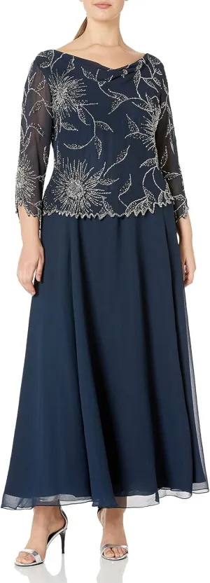 J Kara Women's Plus-Size 3/4 Cowl Neck Long Dress