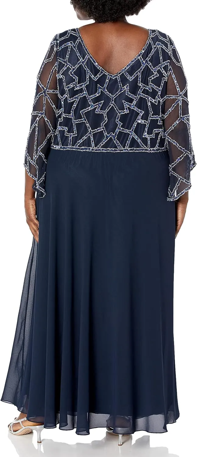 J Kara Women's Plus Size 3/4 Sleeve Geo Beaded Gown