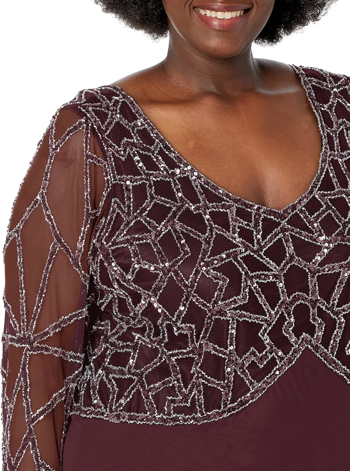 J Kara Women's Plus Size 3/4 Sleeve Geo Beaded Gown