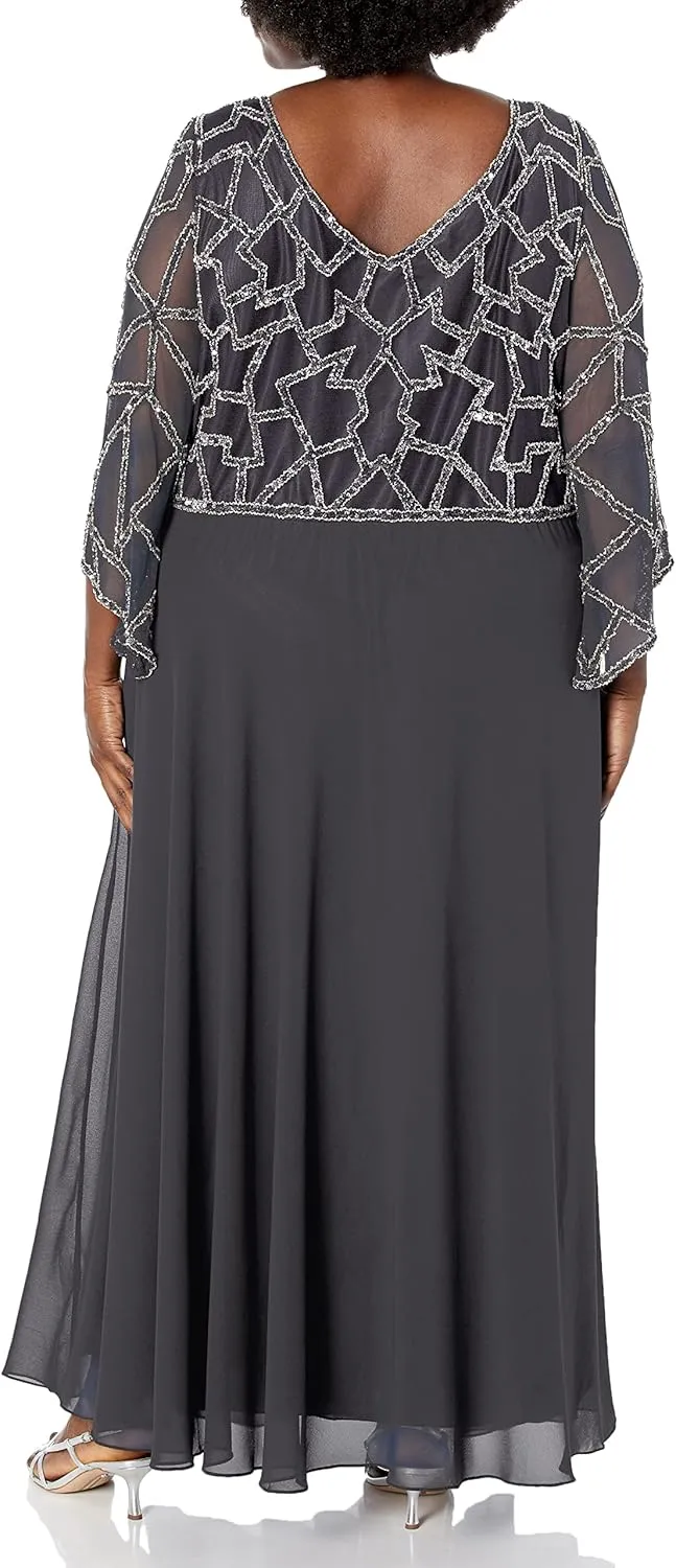 J Kara Women's Plus Size 3/4 Sleeve Geo Beaded Gown