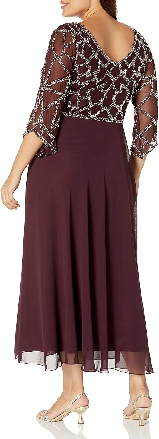 J Kara Women's Plus Size 3/4 Sleeve Geo Beaded Gown