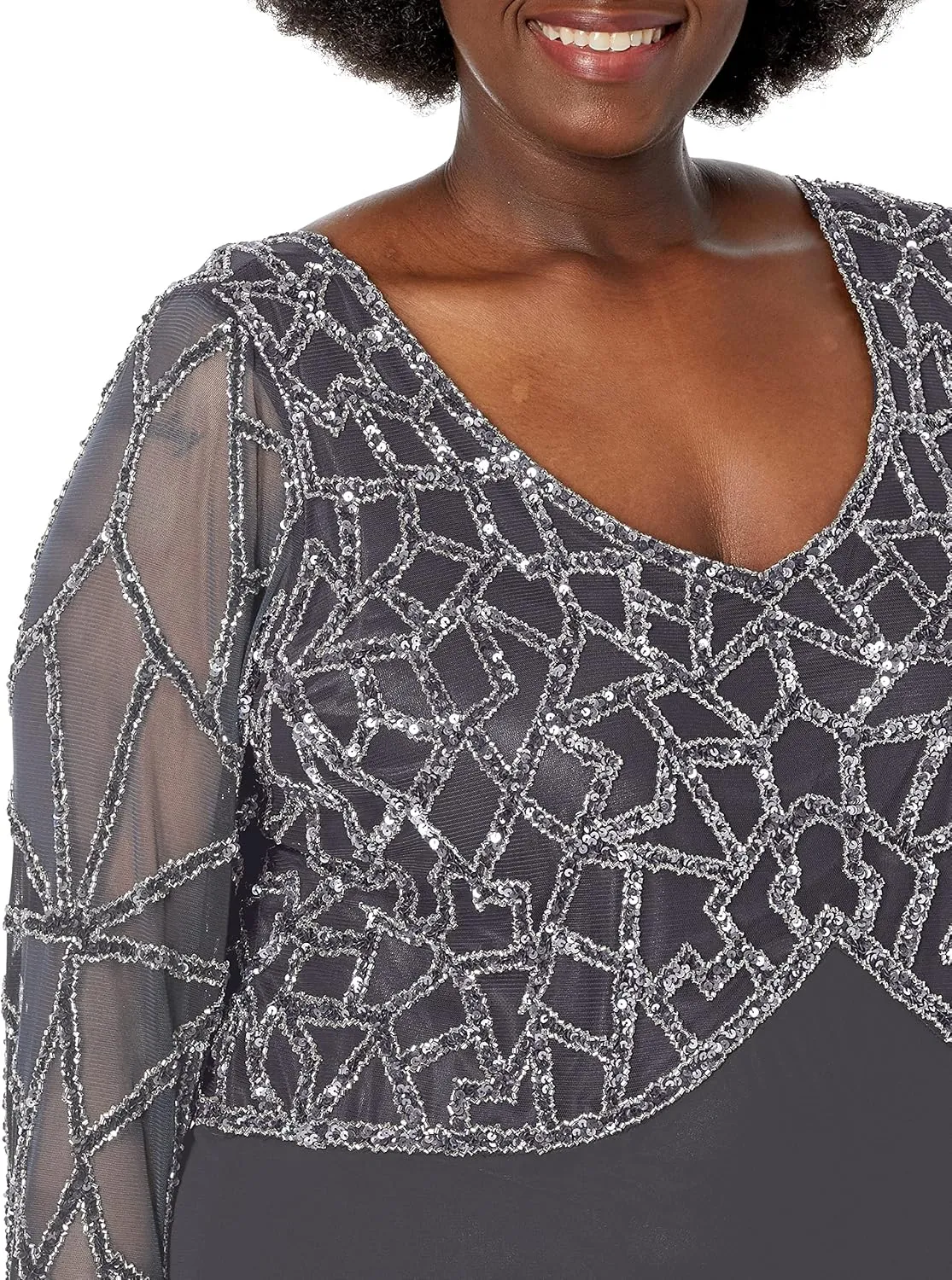 J Kara Women's Plus Size 3/4 Sleeve Geo Beaded Gown