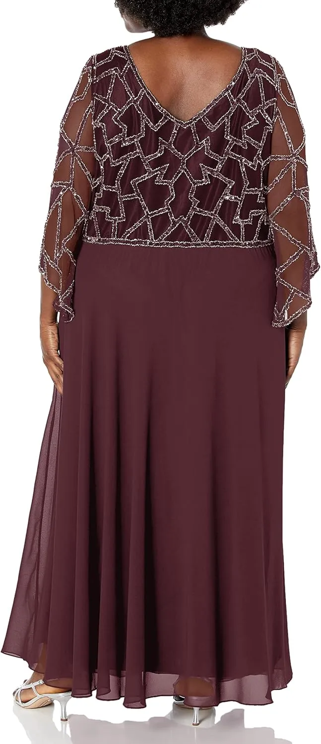 J Kara Women's Plus Size 3/4 Sleeve Geo Beaded Gown