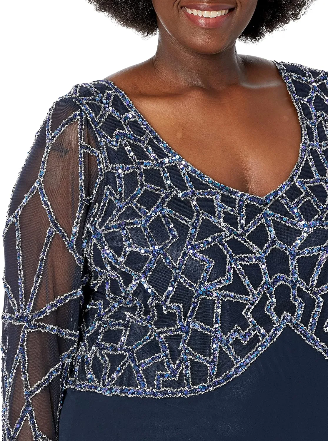 J Kara Women's Plus Size 3/4 Sleeve Geo Beaded Gown