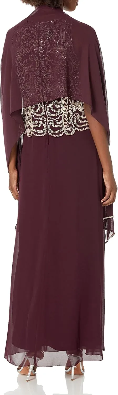J Kara Women's Sleeveless Scallop Long Beaded Dress W/Scarf