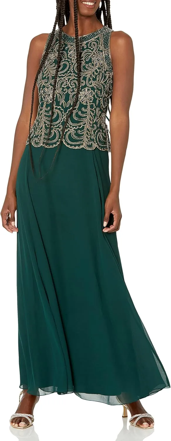 J Kara Women's Sleeveless Scallop Long Beaded Dress W/Scarf