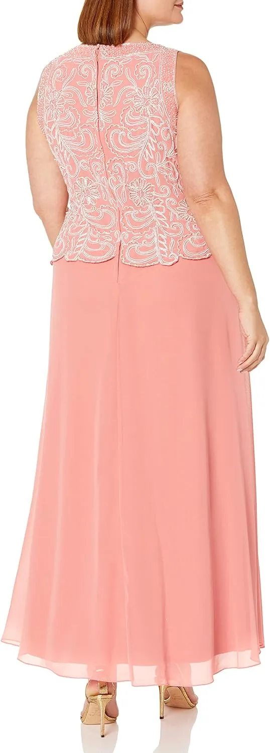 J Kara Women's Sleeveless Scallop Long Beaded Dress W/Scarf