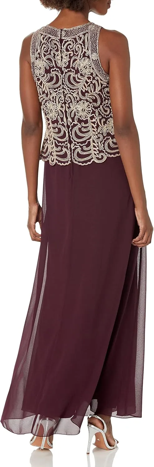 J Kara Women's Sleeveless Scallop Long Beaded Dress W/Scarf