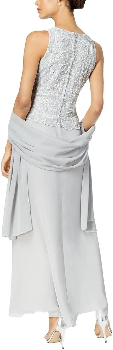 J Kara Women's Sleeveless Scallop Long Beaded Dress W/Scarf