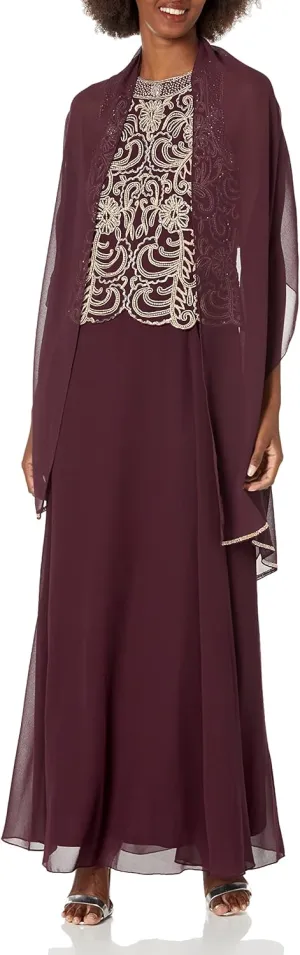 J Kara Women's Sleeveless Scallop Long Beaded Dress W/Scarf