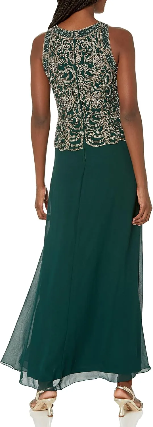 J Kara Women's Sleeveless Scallop Long Beaded Dress W/Scarf