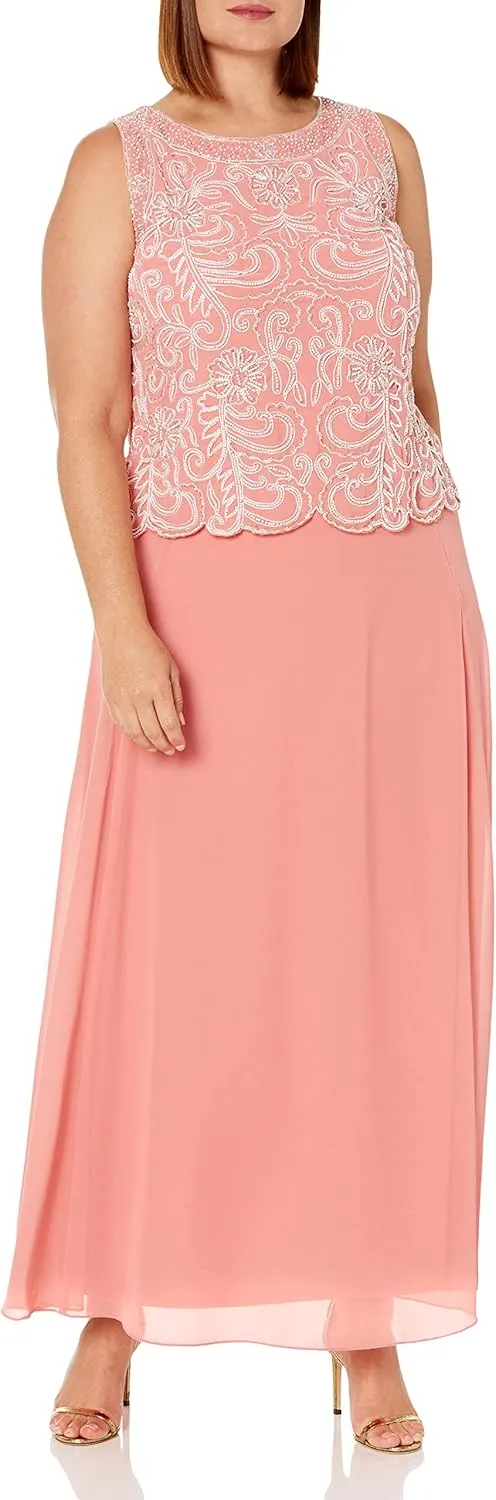 J Kara Women's Sleeveless Scallop Long Beaded Dress W/Scarf