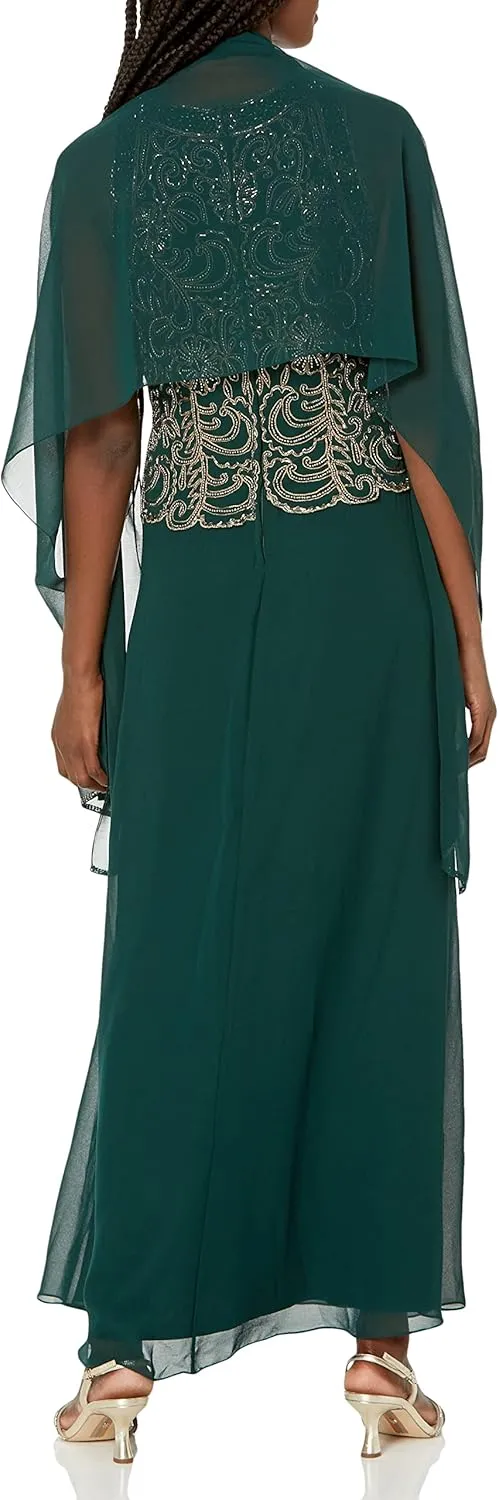 J Kara Women's Sleeveless Scallop Long Beaded Dress W/Scarf