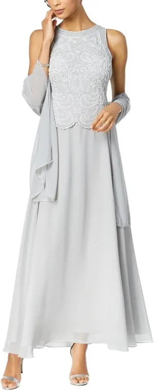 J Kara Women's Sleeveless Scallop Long Beaded Dress W/Scarf