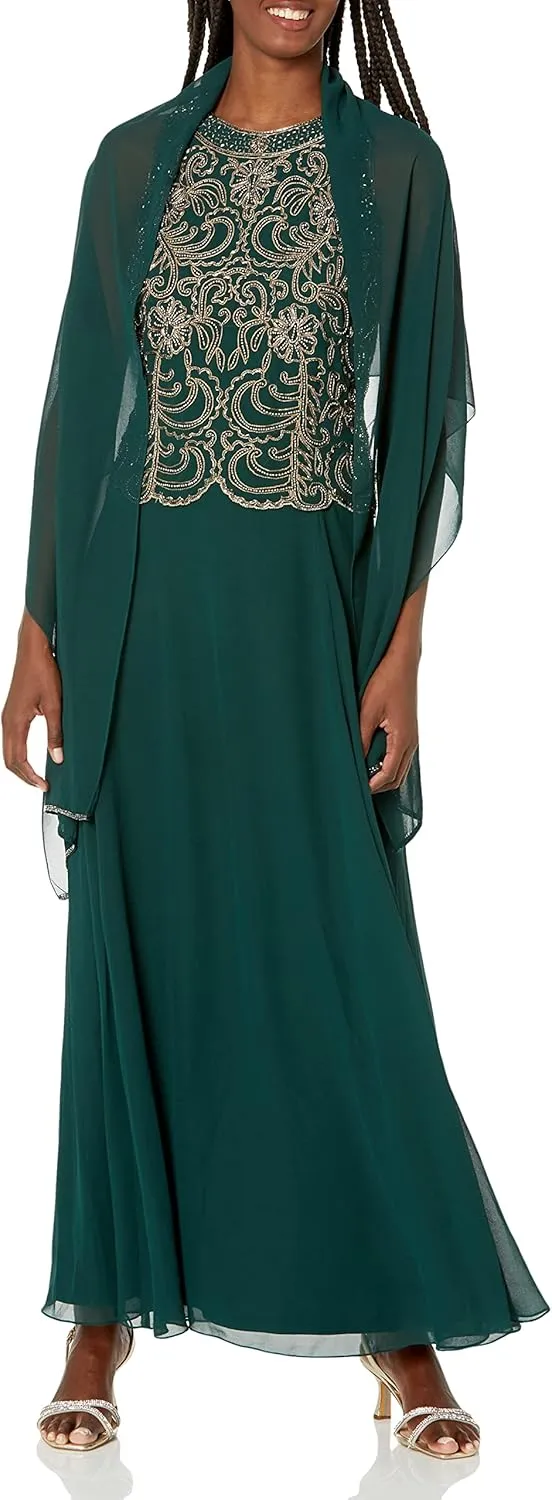 J Kara Women's Sleeveless Scallop Long Beaded Dress W/Scarf
