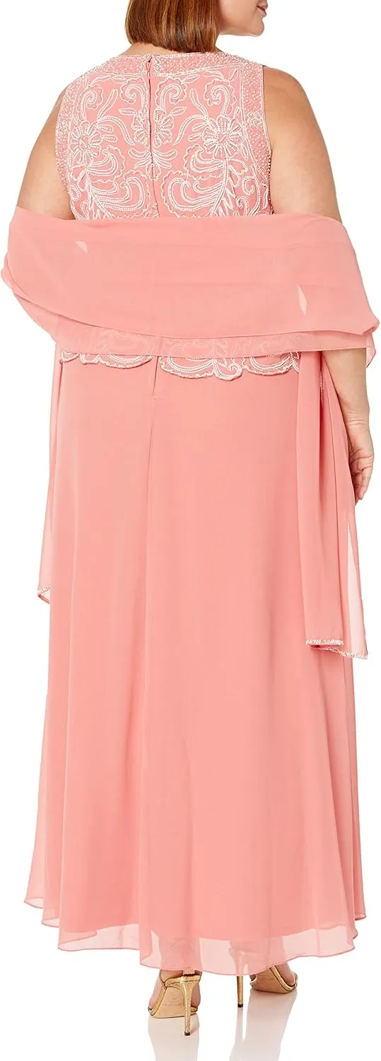 J Kara Women's Sleeveless Scallop Long Beaded Dress W/Scarf
