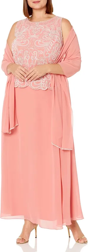 J Kara Women's Sleeveless Scallop Long Beaded Dress W/Scarf